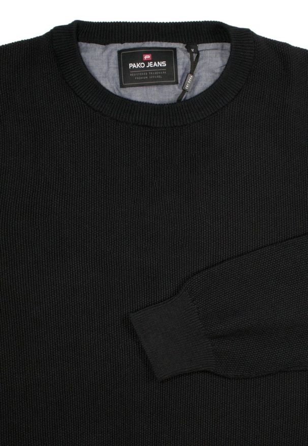 Sweter Bawełniany, Czarny, Drobny Tłoczony Wzór, Okrągły Dekolt, U-neck, Męski -Pako Jeans. Okazja: na co dzień, na spotkanie biznesowe, do pracy. Kolor: czarny. Materiał: bawełna. Styl: klasyczny, elegancki, biznesowy, casual