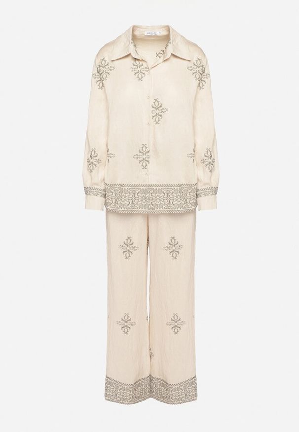 Born2be - Beżowy Komplet z Wiskozy Zdobiony Haftem Koszula i Spodnie Iffria. Kolor: beżowy. Materiał: wiskoza. Wzór: aplikacja, haft