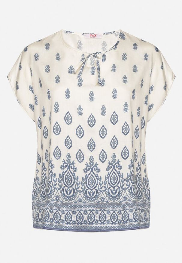 Born2be - Biało-Niebieska Bluzka w Boho Wzór z Wiązaniem przy Dekolcie Jenalia. Kolor: niebieski. Materiał: jeans, materiał. Styl: boho