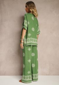 Renee - Ciemnozielony Komplet Boho z Wiskozy Szerokie Spodnie i T-shirt z Haftem Zeirae. Kolor: zielony. Materiał: wiskoza. Wzór: haft #4