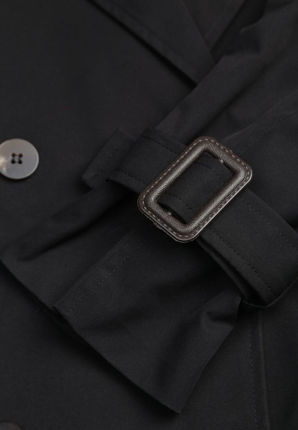 Renee - Czarny Dwurzędowy Płaszcz Trencz z Paskiem Ninnolia. Okazja: do pracy, na spacer. Kolor: czarny. Materiał: jeans. Wzór: aplikacja. Styl: elegancki, klasyczny