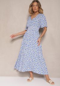 Renee - Biała Sukienka Rozkloszowana o Kopertowym Kroju w Kwiatowy Print Borriz. Okazja: na co dzień. Kolor: biały. Materiał: materiał. Wzór: kwiaty, nadruk. Sezon: lato, wiosna. Typ sukienki: kopertowe. Styl: casual, elegancki