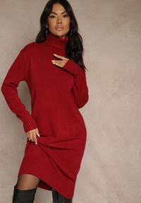 Renee - Bordowa Sweterkowa Sukienka z Bawełną i Golfem Reinaria. Okazja: na co dzień. Typ kołnierza: golf. Kolor: czerwony. Materiał: bawełna. Styl: casual