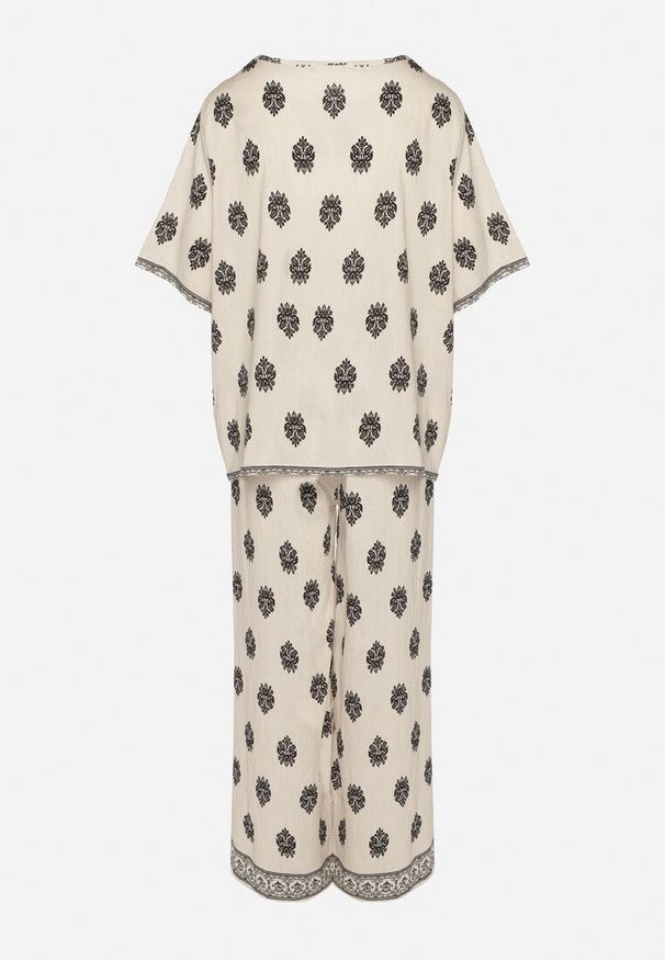 Born2be - Jasnobeżowy Komplet Wiskozowy w Boho Print Bluzka z Krótkim Rękawem i Szerokie Spodnie Natilene. Kolor: beżowy. Materiał: wiskoza. Wzór: nadruk