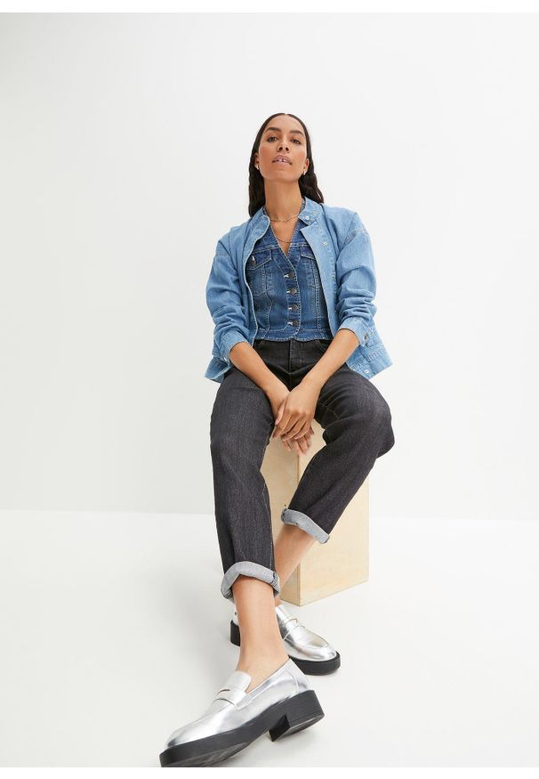 bonprix - Dżinsy Mom ze stretchem, high waist. Stan: podwyższony. Kolor: czarny