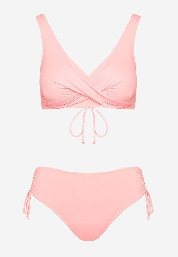 Born2be - Różowe Bikini Majtki Typu Figi i Biustonosz z Ozdobnym Wiązaniem Kinnavia. Kolor: różowy
