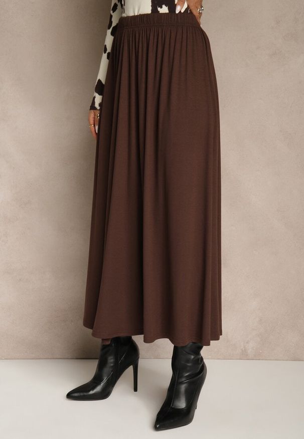 Renee - Brązowa Rozkloszowana Spódnica z Bawełny Tussala. Kolor: brązowy. Materiał: bawełna. Styl: elegancki