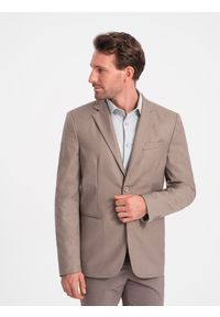 Ombre Clothing - Męska klasyczna marynarka z kieszenią na poszetkę - beżowa V3 - Rozmiar: M. Kolor: beżowy. Materiał: poliester. Styl: klasyczny