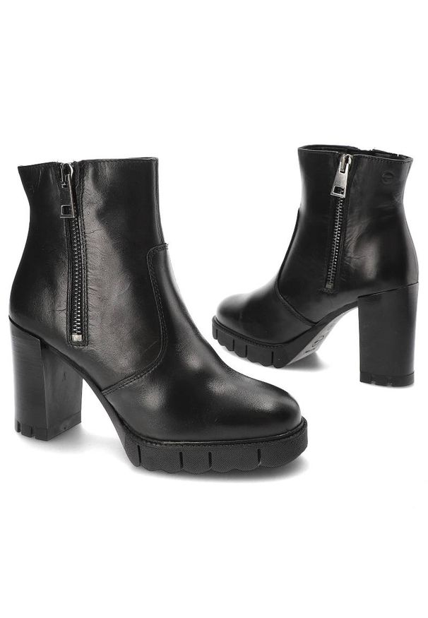 Czarne Botki Damskie Tamaris Skórzane Modne Obuwie. Kolor: czarny. Materiał: skóra. Szerokość cholewki: normalna. Wzór: aplikacja. Styl: klasyczny