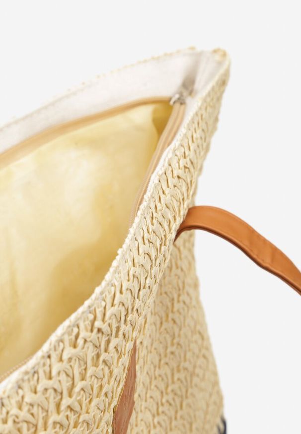 Born2be - Beżowo-Granatowa Torebka Boho z Papierowej Plecionki o Fasonie Tote na Suwak Jabba. Kolor: beżowy. Sezon: lato. Styl: boho