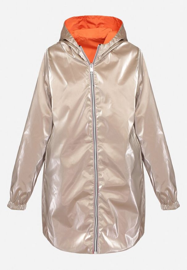 Born2be - Pomarańczowa Kurtka Dwustronna z Nieodpinanym Kapturem i Metalicznym Efektem Lirednil. Kolor: pomarańczowy. Wzór: gładki. Styl: elegancki