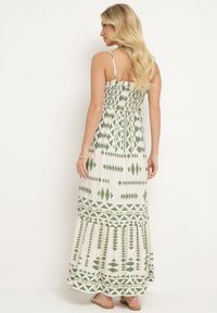 Born2be - Beżowo-Zielona Wiskozowa Marszczona Sukienka na Regulowanych Ramiączkach z Falbanką Dwalea. Okazja: na randkę, na spacer. Typ kołnierza: kołnierz z falbankami. Kolor: beżowy. Materiał: wiskoza. Długość rękawa: na ramiączkach. Sezon: lato. Styl: klasyczny, elegancki #3