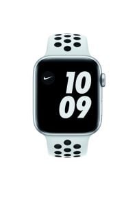 APPLE Watch 6 Cellular Nike 40mm (Srebrny z opaską sportową w kolorze czarnym). Rodzaj zegarka: smartwatch. Kolor: srebrny, czarny, wielokolorowy. Materiał: poliester, nylon, guma, materiał. Styl: sportowy #2