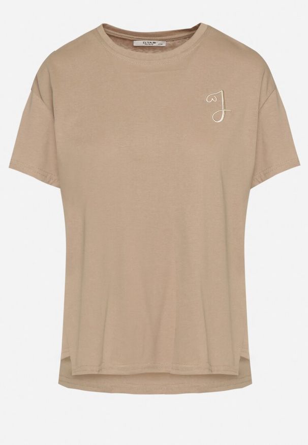 Born2be - Beżowy T-shirt z Asymetrycznym Tyłem i Ozdobnym Haftem Ninissara. Okazja: na spacer. Kolor: beżowy. Materiał: jeans. Wzór: haft. Styl: elegancki, klasyczny