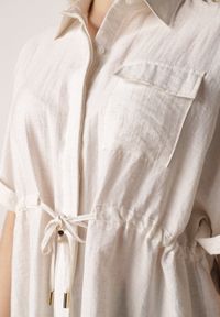 Born2be - Jasnobeżowa Nietoperzowa Koszula Safari z Lnem i Wiskozą ze Ściągaczem w Pasie Mezriss. Okazja: na co dzień, do pracy, na spotkanie biznesowe. Kolor: beżowy. Materiał: wiskoza, len. Styl: casual, biznesowy #4