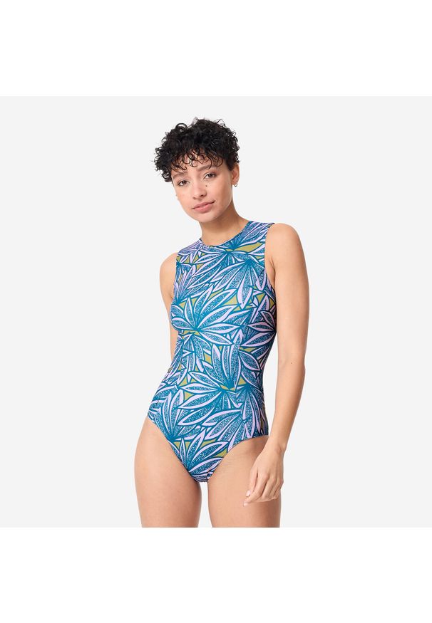 OLAIAN - Kostium kąpielowy jednoczęściowy surfingowy damski Olaian Carla Flow. Kolor: fioletowy. Materiał: poliester, materiał, elastan