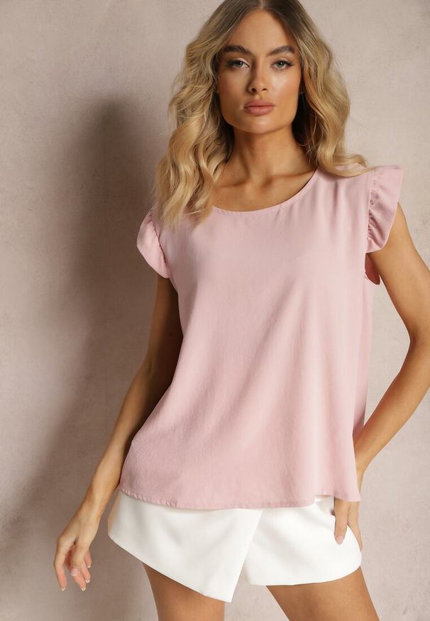 Renee - Różowa Koszulka Top bez Rękawów z Ozdobnymi Falbankami Wiollia. Okazja: na co dzień. Typ kołnierza: kołnierz z falbankami. Kolekcja: plus size. Kolor: różowy. Materiał: tkanina, jeans. Długość rękawa: bez rękawów. Sezon: lato. Styl: casual