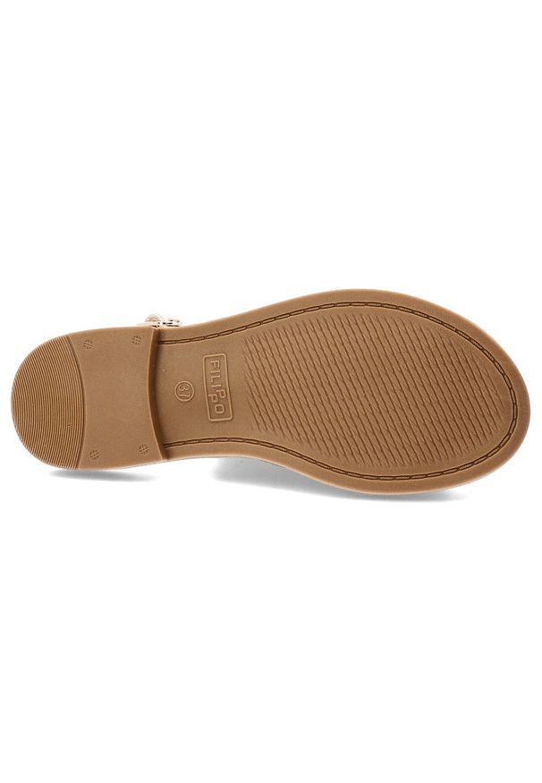 Sandały damskie Filippo, cholewka ze skóry ekologicznej metaliczne wykończenie płaska podeszwa, złote, DS7923/26. Kolor: złoty. Materiał: skóra ekologiczna. Obcas: na płaskiej podeszwie