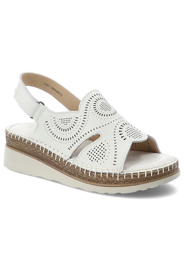 Sandały damskie S.Barski, cholewka ze skóry naturalnej licowej z perforacją z zapięciem na rzep, białe, GR61-5916. Zapięcie: rzepy. Kolor: biały. Materiał: skóra