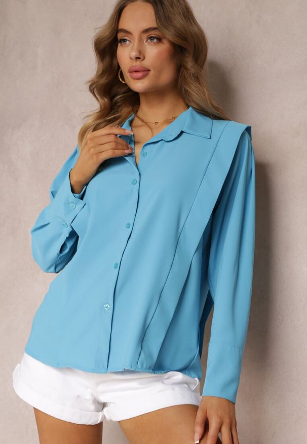 Renee - Niebieska Koszula z Kołnierzem i Przeszyciami Emoree. Okazja: na co dzień. Kolor: niebieski. Długość rękawa: długi rękaw. Długość: długie. Styl: casual, elegancki