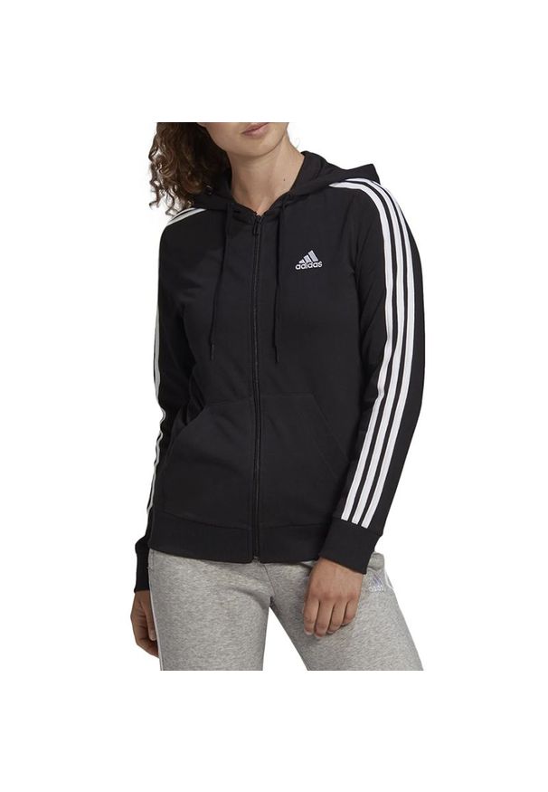 Adidas - Bluza adidas Essentials Single Jersey 3-Stripes Full-Zip Hoodie GL0798 - czarna. Okazja: na co dzień. Typ kołnierza: kaptur. Kolor: czarny. Materiał: jersey. Wzór: aplikacja. Styl: casual, klasyczny