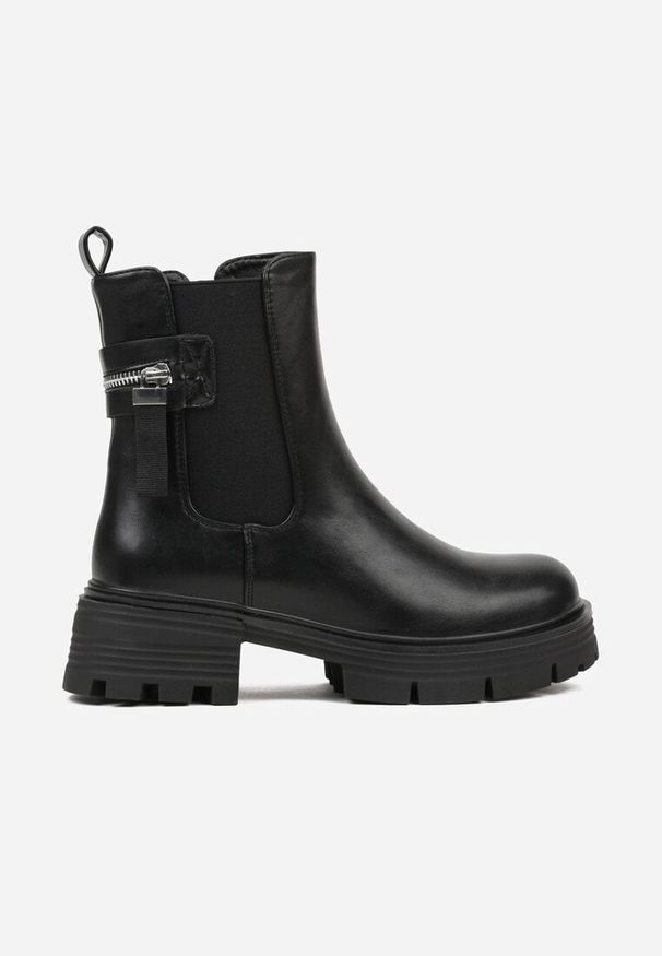 Born2be - Czarne Botki Sztyblety na Grubej Podeszwie z Ozdobą Refana. Okazja: na co dzień. Kolor: czarny. Materiał: jeans. Wzór: aplikacja. Styl: klasyczny, casual, elegancki