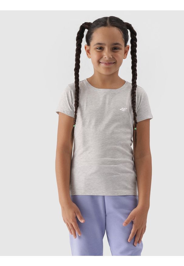 4f - 4F T-shirt gładki dziewczęcy - chłodny jasny szary 158 (12-13 lat). Okazja: na co dzień. Kolor: szary. Materiał: dzianina, bawełna, wiskoza, jersey, materiał. Długość rękawa: krótki rękaw. Długość: krótkie. Wzór: gładki. Sezon: lato. Styl: sportowy, casual