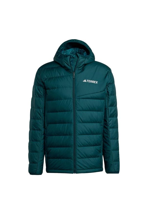 Adidas - Kurtka z kapturem Terrex Multi Light Down CLIMAWARM. Typ kołnierza: kaptur. Kolor: zielony. Materiał: puch. Technologia: ClimaWarm (Adidas). Sport: turystyka piesza