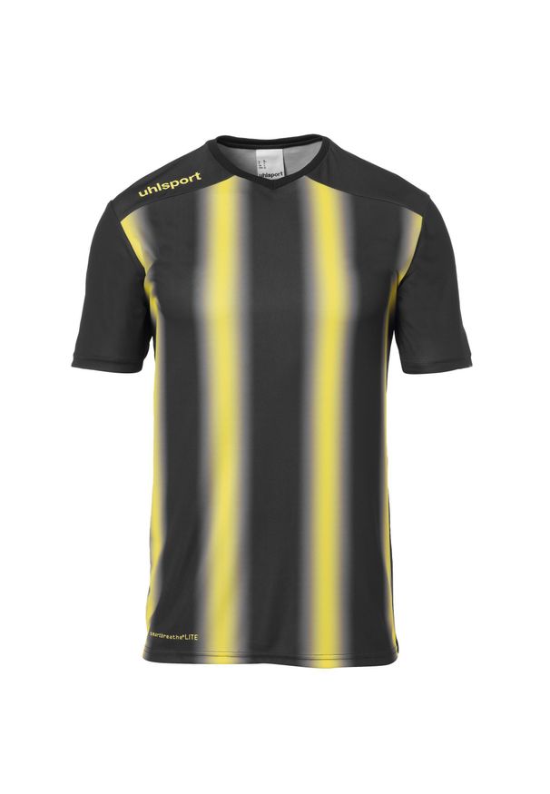 UHLSPORT - Vintage koszulka dziecięca Uhlsport Stripe 2.0. Typ kołnierza: dekolt w kształcie V. Kolor: czarny, wielokolorowy, żółty. Materiał: poliester. Sport: fitness, piłka nożna