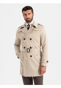 Ombre Clothing - Elegancki męski płaszcz trencz SLIM FIT z paskiem – beżowy V1. Kolor: beżowy. Materiał: tkanina, poliester, materiał. Wzór: gładki. Styl: elegancki #6