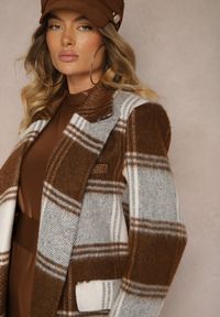 Renee - Brązowy Niezapinany Płaszcz w Kratkę z Kieszeniami z Klapą Fiboila. Okazja: na co dzień. Kolor: brązowy. Materiał: jeans. Wzór: kratka. Styl: elegancki, casual #3
