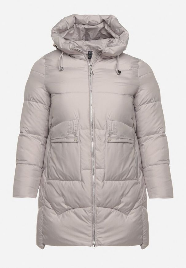 Born2be - Jasnoszara Długa Pikowana Kurtka z Nieodpinanym Kapturem Mevessia. Okazja: na co dzień. Kolor: szary. Materiał: jeans. Długość: długie. Styl: elegancki, klasyczny, casual