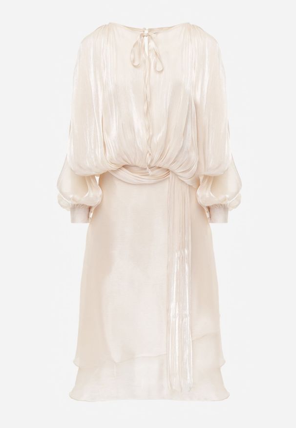 Renee - Jasnobeżowa Rozkloszowana Sukienka Wieczorowa z Szyfonowej Tkaniny Amanna. Kolor: beżowy. Materiał: szyfon, tkanina. Wzór: gładki, aplikacja. Typ sukienki: rozkloszowane. Styl: wizytowy