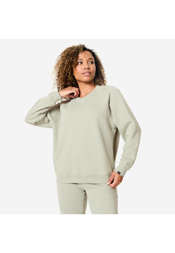 DOMYOS - Bluza damska Domyos Gym & Pilates. Kolor: zielony. Materiał: materiał. Długość rękawa: raglanowy rękaw. Sport: joga i pilates