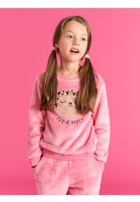 Sinsay - Bluza z futerkiem - różowy. Kolekcja: plus size. Kolor: różowy. Materiał: futro. Długość rękawa: długi rękaw. Długość: długie. Wzór: nadruk #1