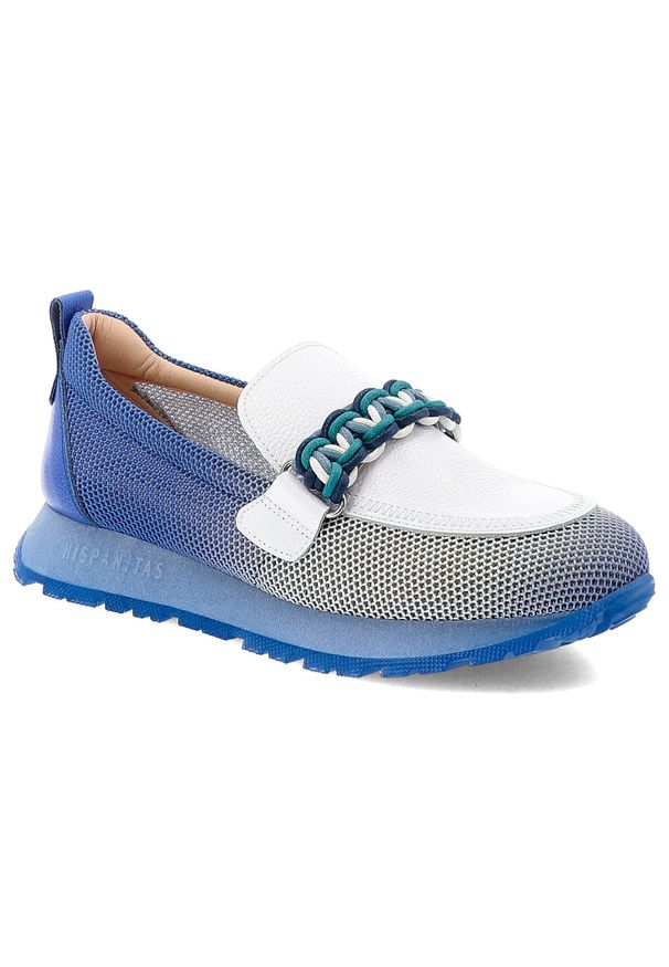 Granatowe Półbuty Hispanitas Eleganckie Obuwie Damskie. Okazja: na co dzień. Kolor: biały. Materiał: skóra, jeans. Styl: elegancki