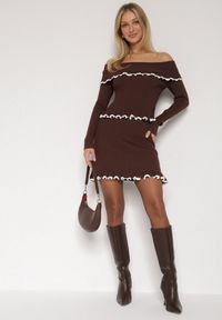 Born2be - Brązowy Dzianinowy Komplet z Wiskozą Spódnica i Bluzka z Odkrytymi Ramionami Zozfira. Kolor: brązowy. Materiał: dzianina, wiskoza #2