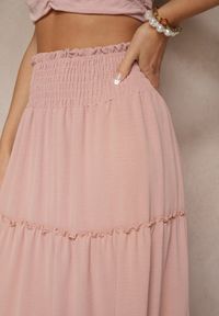 Renee - Różowa Rozkloszowana Spódnica z Gumką w Talii Zdobiona Falbanami Dovinelle. Okazja: na co dzień. Kolor: różowy. Wzór: aplikacja. Styl: casual, elegancki #5