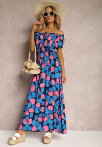 Renee - Granatowo-Różowa Sukienka Hiszpanka z Bawełny z Modelującą Gumką w Pasie Vearica. Typ kołnierza: dekolt hiszpanka. Kolor: niebieski. Materiał: bawełna. Styl: wakacyjny #5