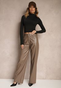 Renee - Jasnobrązowe Szerokie Spodnie High Waist z Imitacji Skóry Enawinn. Okazja: na co dzień, na imprezę. Stan: podwyższony. Kolor: brązowy. Materiał: skóra. Styl: casual, elegancki