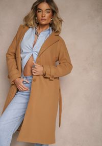 Renee - Beżowy Płaszcz Jednorzędowy z Paskiem Oronice. Okazja: na co dzień. Kolor: beżowy. Materiał: jeans. Długość rękawa: długi rękaw. Długość: długie. Styl: klasyczny, elegancki, casual #3