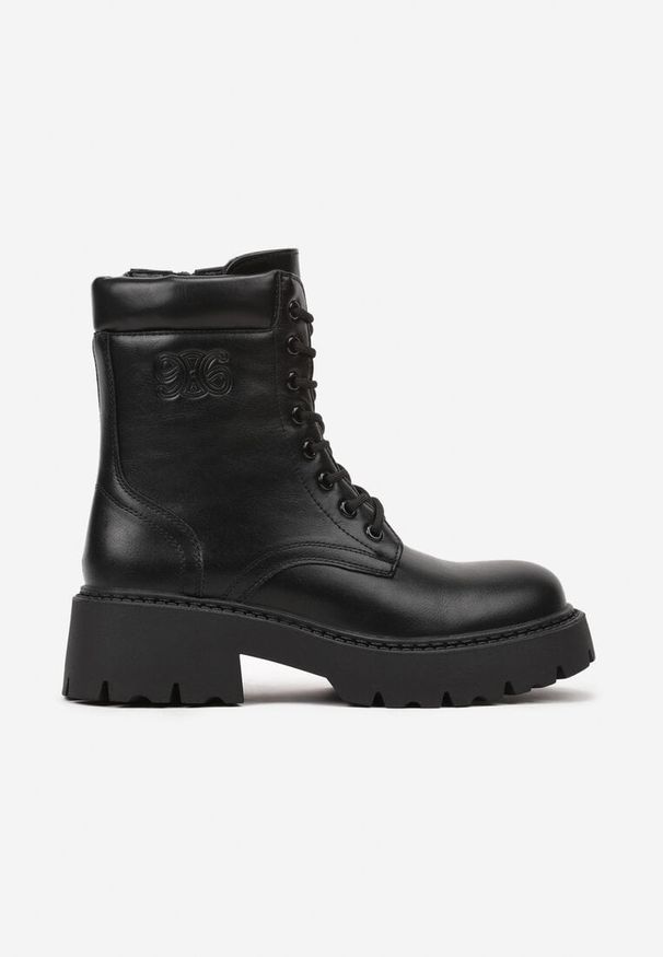 Born2be - Czarne Płaskie Botki Traperki Vices ze Sznurowaniem i Tłoczeniem Zeriana. Okazja: na co dzień. Zapięcie: sznurówki. Kolor: czarny. Materiał: jeans, skóra. Styl: klasyczny, casual