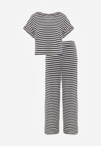 Renee - Beżowo-Granatowy Komplet z Dzianiny w Paski z Bawełną Bluzka z Krótkim Rękawem i Spodnie Akiseithe. Kolor: beżowy. Materiał: bawełna, dzianina. Wzór: paski #8