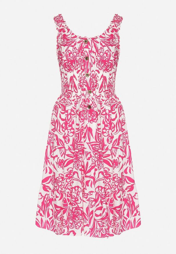 Born2be - Ciemnoróżowa Bawełniana Sukienka Rozkloszowana Ozdobiona Guzikami Lisavena. Okazja: na co dzień. Kolor: różowy. Materiał: bawełna. Wzór: aplikacja. Typ sukienki: rozkloszowane. Styl: elegancki, casual