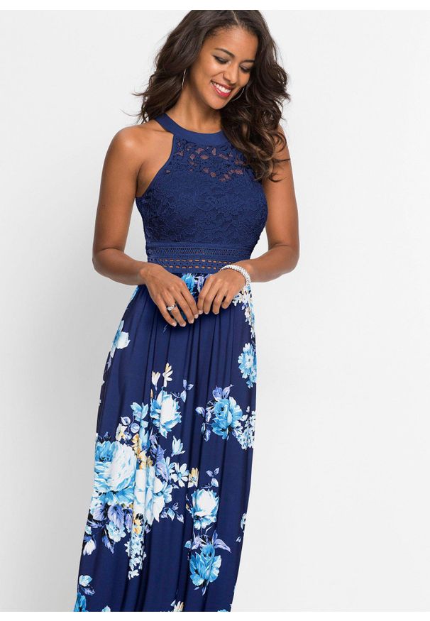 bonprix - Długa sukienka w kwiaty z koronką. Kolor: niebieski. Materiał: jersey, koronka. Wzór: kwiaty, nadruk, aplikacja, koronka. Sezon: lato. Długość: maxi