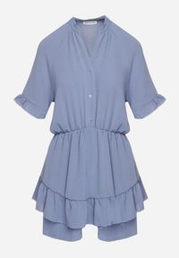 Born2be - Niebieski Taliowany Kombinezon z Gumką w Talii i Ozdobną Falbanką przy Rękawach Nanselena. Kolor: niebieski. Długość rękawa: krótki rękaw. Długość: krótkie. Styl: elegancki #4