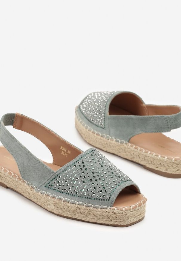 Born2be - Niebieskie Sandały Typu Espadryle na Plecionej Podeszwie Zdobione Cyrkoniami Aneolena. Okazja: na co dzień, na spotkanie biznesowe. Zapięcie: pasek. Kolor: niebieski. Wzór: aplikacja. Styl: biznesowy, elegancki, casual