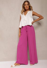 Renee - Fuksjowe Szerokie Spodnie High Waist z Gumką w Talii Ilnena. Okazja: na co dzień. Stan: podwyższony. Kolor: różowy. Styl: klasyczny, elegancki, casual