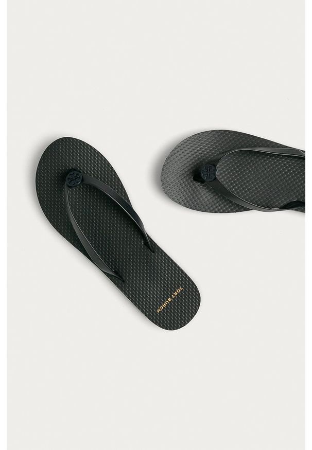 Tory Burch - Japonki. Kolor: niebieski. Materiał: materiał, guma. Wzór: gładki. Obcas: na obcasie. Wysokość obcasa: niski
