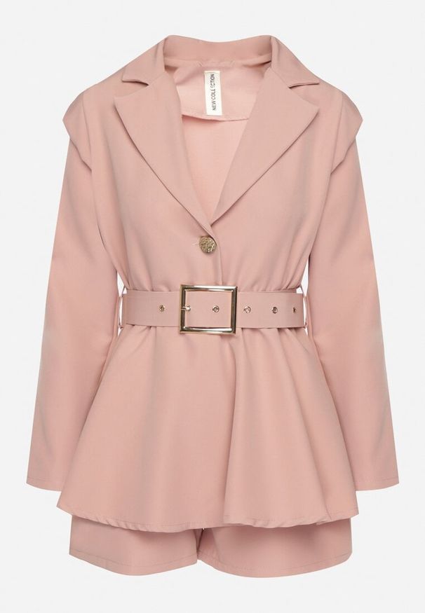 Born2be - Ciemnoróżowy Kombinezon w Stylu Garniturowym z Paskiem i Ozdobnym Guzikiem Arazia. Kolor: różowy. Styl: elegancki